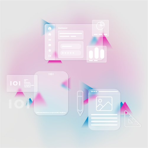 Graphic features transparent white images of a modern user interface against a pink and blue geometric background.